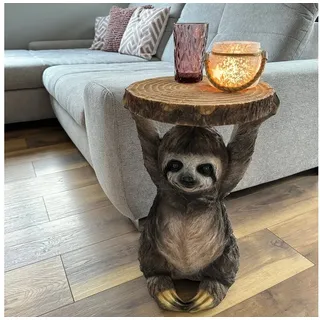 Online-Fuchs Beistelltisch als Faultier mit runder Baumscheibe in Holz Optik - Outdoor geeignet! (Nachttisch, Sofatisch, Gartentisch, wetterfest), Maße ca. 51 cm hoch, 36 cm breit und 31 cm tief braun