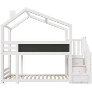 MODFU Etagenbett Baumhaus Kiefer-Massivholz/MDF Weiß 90x200 cm mit Wandtafel, Stauraumtreppe und Rausfallschutz