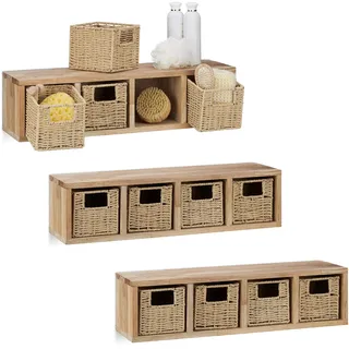 3 x Wandregal Walnuss groß im Set, Regalsystem, je 4 Körbe herausnehmbar, insgesamt 12 Fächer, für Bad, Küche oder Wohnzimmer, Natur