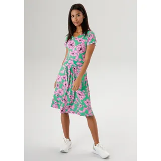 Sommerkleid ANISTON SELECTED Gr. 42, N-Gr, bunt (grün, rosa, schwarz) Damen Kleider Knielange mit Taillenbund und trendy Blumendruck - NEUE KOLLEKTION