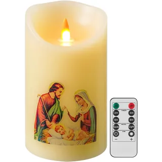 QQFCTOO Heilige Familie LED Gebetskerze - batteriebetriebene religiöse Kerze mit Fernbedienung und Timer, 3D-Flamme, aus echtem Wachs, Größe 8 x15 cm, geeignet für Gebete, religiöse Dekoration