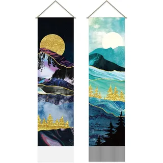 AHandmaker Wandteppich, Sonne, Mond, Wald, Baum, See, natürliche Landschaft, ästhetische Dekoration für Wohnzimmer und Schlafzimmer, 130 x 33 cm, 2 Stück