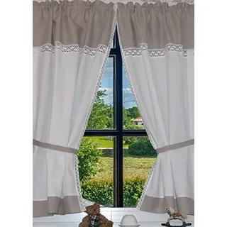 Landhaus Gardinen Set 100% Leinen/Baumwolle 2 St + 2 Bindebänder Weiß/Grau mit Spitze 120x80cm/Gesamt 160cm breit Greta