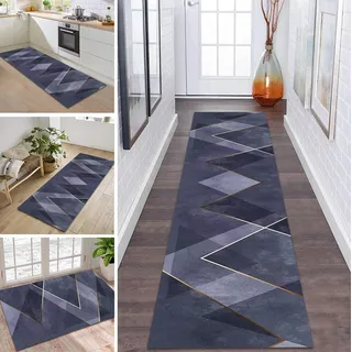 Teppich Läufer Lang Küche Flur Teppichläufer Rutschfest Waschbar Küchenläufer Teppichmatten Blau Gold Flurmatten 120X120CM Schmutzfangmatte Meterware Schlafzimmer Wohnzimmer Esszimmer Küchenteppich