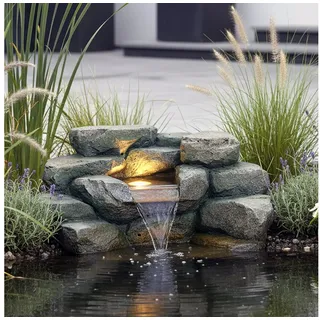 Arnusa Wasserfall Teichdekoration Wasserspiel für Teich Steinoptik mit LED Brunnen, 48 cm Breite, Springbrunnen Kaskade einfach am Teichrand integrieren braun