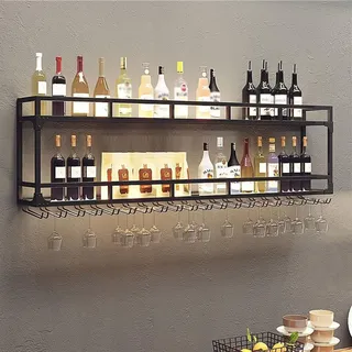 Industrielles Wand-Weinregal Mit Lichtern, Flaschenhalter Aus Schwarzem Metall, Multifunktionales Weinlager-Präsentationsregal Für Zuhause, Bar, Esszimmer, Küche