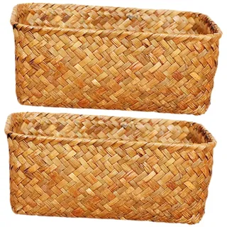 TOPPERFUN 2stücke Geflochtener Seegras-aufbewahrungskorb Rechteckiger Stauraumkorb Für Küche Bad Wohnzimmer Regalkorb Snack-organizer Tisch-aufbewahrungsbox Praktisches Heimzubehör