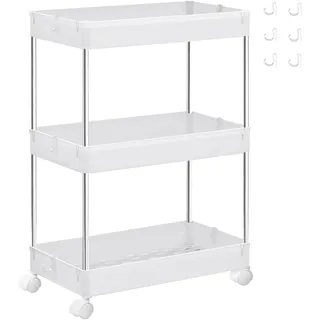 Songmics Rollwagen, Küchenwagen, Küchenregal, Nischenregal, mit 6 Haken, 360° drehbare Räder, Stahlgestell, Bad, Küche, Büro, 3 Ebenen, weiß KSC009W01
