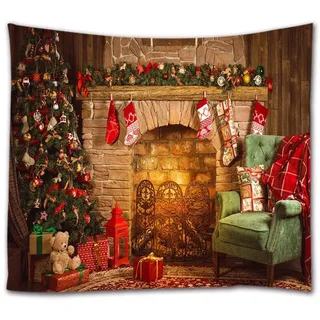 A.Monamour Wanddekor Wandbild Vorhang Wandteppiche Weihnachten Innenraum Kamin Socken Geschenk Hängen Kiefern Urlaub Decor Stoff Wandbehang Tapisserie Wanddekors Für Schlafzimmer Wohnzimmer 180x230 cm