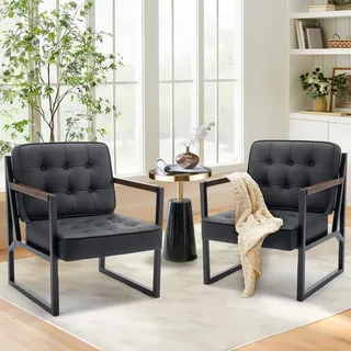 COLAMY Ohrensessel Sessel Wohnzimmer 2er Set, Leder Accent Chair, Mid Century Modern Kunstleder Empfangssessel mit Metallbeinen für Wohnzimmer Schlafzimmer Empfangsraum Wartezimmer, Schwarz