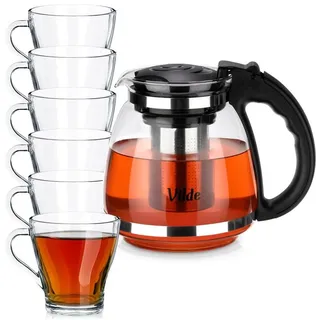 Vilde | Teekanne 1,5 L - Glaskanne mit Sieb - 6 Gläser 250 ml - Spülmaschinenfest - Transparent