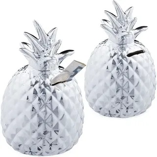 Relaxdays - 2 x Spardose Ananas, Dekofigur, Sparschwein mit Schloss, 2 Schlüssel, Keramik Sparbüchse, h x d 16 x 9 cm, Silber