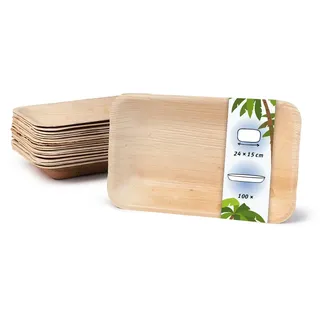 onlyleaf 100 Stück Einweggeschirr 24x15 cm, tief, Palmblatt-Teller rechteckig umweltfreundliche Einwegteller aus Palmenblättern, biologisch abbaubar
