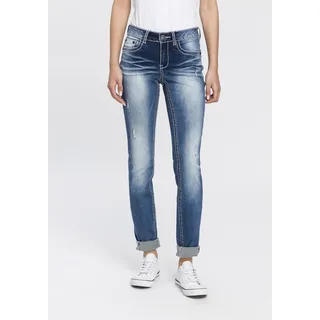 Skinny-fit-Jeans ARIZONA "mit Kontrastnähten und Pattentaschen" Gr. 38, N-Gr, blau (blue, used) Damen Jeans Röhrenjeans Low Waist