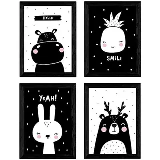 POSTER Set mit 4 Eisbär, Kaninchen, Hypopotamus und Ananas Tieren A4 Rahmenlos
