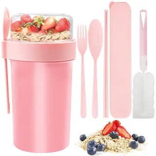 PIWOSGOL Müslibecher to Go 760ml+230ml, 5 Stück Joghurtbecher mit Löffel & Gabel Set, Auslaufsicherer Müsli Becher mit Klein Gewürzbox, Joghurt Becher Groß für Arbeit, Schule, Picknick, Reisen (Rosa)