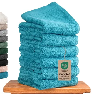 Hausfelder Gästehandtücher 6er Set 30x50 cm – Baumwolle, Türkis Petrol | kleine Handtücher fürs Gäste-WC, mit Aufhängeschlaufe, weiches Frottee, bis 60 °C waschbar, trocknergeeignet