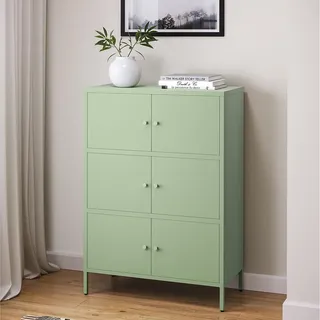 skølm Atriona Kommode 80 cm, mit 3 Fächern, Mintgrün, Sideboard mit 6 Türen | Metallschrank, Kleiner Mehrzweckschrank breit, höhenverstellbare Füße, Aufbewahrungsschrank, Wohnzimmerschrank, Flurschrank