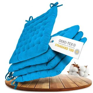 Gräfenstayn Stuhlkissen 4er-Set in 40x40cm und 5cm dicker Polsterung aus 100% Baumwolle, robustes Sitzkissen für Indoor & Outdoor, mit Haltebändern blau