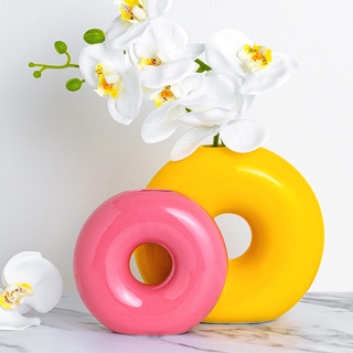 EDENSDECOR Keramik-Blumenvase, Donut-Vase, kreisförmige Vase, niedlich, flippige Heimdekoration, bunt, gelb, rosa, niedliche Keramikvase, 2er-Set