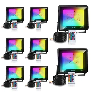 Tubiaz RGB Strahler, 8er 50W Bunt Dimmbar Fluter mit Fernbedienung, LED Scheinwerfer 16 Farben 4 Modi, Farbwechsel Fluter Memoryfunktion, IP66 Wasserdicht für Aussen Innen (kein Stecker)