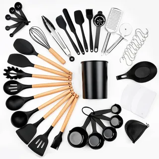 44 Stück Küchenhelfer Set, Silikon Küchenutensilien Set, Antihaft Hitzebeständiger Holzgriff Kochbesteck mit Utensilienhalter, Silikonspatel Kochgeschirr Set, Spülmaschinengeeignet (Schwarz)