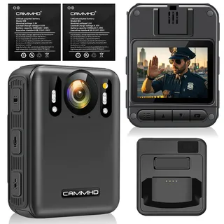CAMMHD W8-64GB 4K Anti-Shake Body Cam 2 Akkus 4000 mAh mit 10 Stunden Videoaufzeichnung, Datenverschlüsselung Auto Ultra HD-Nachtsicht Bodycam Körperkamera mit Ladestation für Sicherheit