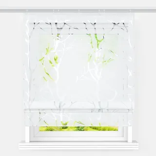 Heichkell Raffrollo mit Klettband Voile Raffgardine Ausbrenner Design Fenster Vorhang Transparent Rollos ohne Bohren Luftiger Gardinenschal Zweige Ausbrenner Weiß BxH 120x140cm