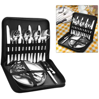 Camping Geschirr 4 Personen, 20 PCS Picknick Teller Und Utensilien Set Tragbares Geschirr Edelstahl Besteck Kombination Mit Organizer Tasche Wiederverwendbar Langlebig Campinggeschirr Besteckset