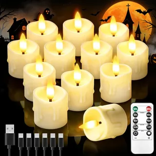 12 Stück Wiederaufladbare Mini Led Kerzen mit Fernbedienung Timerfunktion | 4 x 5,5cm Flammenlose Klein Led Teelichter für Hochzeiten Partys Halloween Weihnachten Heimdekoration (Elfenbeinfarbe)