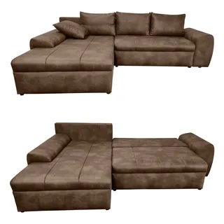 Ecksofa Vintage Schlafsofa Eckcouch L-Sofa mit Ottomane und Bettkasten in Braun