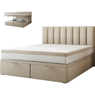 Trada Boxspringbett Bond mit Bettkästen Doppelbett mit Matratze Polsterbett (200 x 200 cm, Beige)