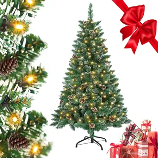Künstlicher Tannenbaum mit LED Beleuchtung,Schnee & Kiefernzapfen,150cm | 180 Leuchten, PVC Material, wetterfest, ideal für Weihnachtsdekoration, stabiler Metallfuß für Innen- und Außeneinsatz