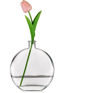 Glasseam Glas Vase Rund, Deko Vasen Tischdeko, Cute Glasvasen Flach Design, 18.7cm Minimalistisches Klar Blumenvase Modern Tulpenvase, Schöne Blumenvasen Neutrale Dekovase Tischvase für Wohnzimmer