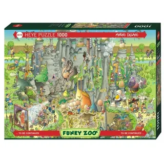 HEYE Puzzle 1000 Teile für Erwachsene „Jurassic Habitat“ | Humorvolles Dinosauriermotiv von Marino Degano mit detailreichem Funky Zoo & witzigen Wimmelbild-Szenen, 50 x 70 cm
