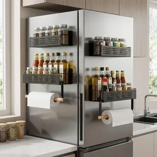 AUHFKD Magnetisches Gewürzregal Set, 4-tlg. (2 Groß + 2 Klein) - Mit Aufhängeleiste für Küchenrolle, Extrastarker Magnet, Bohrfrei - Vielseitiger Spice Organizer für Kühlschrank, Küche & Wand