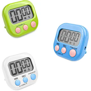 Fousenuk 3 Stück Eieruhr mit 3 Farben, Timer Digital, Küchentimer Küche, Kurzzeitwecker Magnetisch, Stoppuhr mit Einklappbarer Ständer, Timer mit Großem LCD-Display für Kochen Backen Sport Studieren
