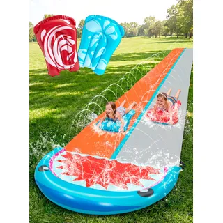 Sloosh 22,5ft/685,8cm Wasserrutsche mit 2 aufblasbaren Boards, doppelte Rasen-Wasserrutsche mit fortschrittlichen Sprinklern, Sommerspielzeug für Kinder und Erwachsene, Spaß im Garten, Hai