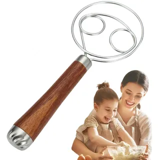 DNCG Schneebesen-Schaber, Dänischer Schneebesen Aus Edelstahl, Teigmixer Mit Holzgriff, Premium-Backbesen-Werkzeug, Sauerteig-Brotmixer, Kuchenteig-Rührer, Schneebesen