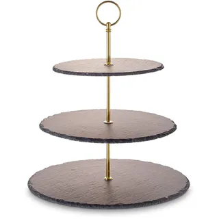 Echtwerk Etagere-/ Servier-Ablage für Gebäck, Obst, Käse und Dessert aus Naturschiefer mit 3 Ebenen und Metallgriff, Gold-Edition, Ø Schieferplatten ca. 20/25/ 30 cm, Steingut