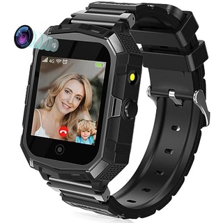 Mingfuxin 4G Smartwatch Kinder, Wasserdicht Telefon Uhr für Kinder mit GPS Tracker WiFi Videoanruf Voice Chat Anruf SOS Kamera Remote-Fotografie Touchscreen Kinderuhr für Jungen Mädchen (Schwarz)