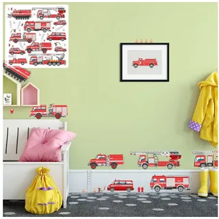 Sunnywall Wandtattoo XXL Wandtattoo Feuerwehr Set Kinderzimmer Aufkleber rot