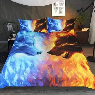 3d-bettwäscheset Für 1/2 Person, Tier, Eis Und Feuer, Wolf, Mikrofaser, 3-teilig, Bettbezüge + 2 Kissenbezüge, 50 X 75 Cm – 1200 X 200 Cm