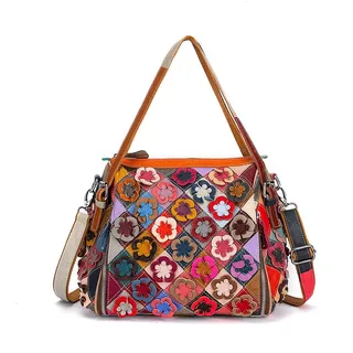 Segater Damen Bunte Blume Patchwork Boston Handtasche 3D mehrfarbige zufällig gespleißte Umhängetasche Leder Geldbörse Sommer Reise Dating Schulranzen