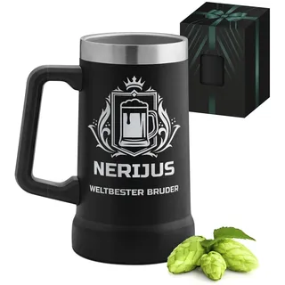 Maverton Thermo Bierglas mit Gravur 700 ml Schwarz - Edelstahl Bier Thermobecher mit Henkel - Personalisierte Geschenke Männer - für Bruder/Trauzeuge/Feuerwehrmann/Jäger
