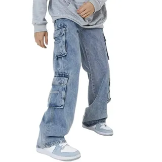 Sawmew Herren Jeans mit Y2K Motiv Streetwear Mode Baggy Jeans mit Gerader Passform und Weitem Bein, Lässige Denim Hose