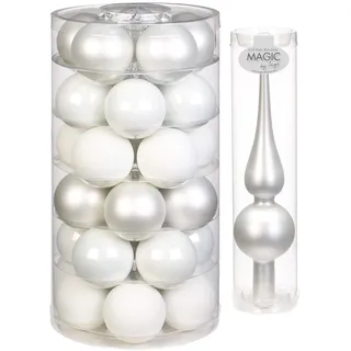 Inge Glas Weihnachtskugeln | 30 Kugeln & Spitze | Christbaumkugeln Baumspitze (Just White Spitze weiß)