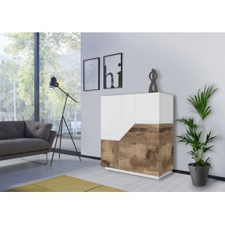 Dmora Modernes Sideboard mit 2 geometrischen Türen, Made in Italy, Eingangs-Sideboard, Wohnzimmer-Design-Buffet, cm 100x43h106, glänzend weiß und Ahorn
