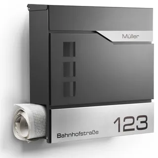 NewHabitat - Briefkasten Oslo personalisiert - Anthrazit RAL 7016 | Wandbriefkasten Edelstahl personalisierbar mit Zeitungsfach, Namensschild- & Hausnummer-Gravur, rostfrei & UV-beständig