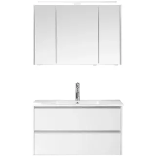 Pelipal Badmöbel-Set 6040 Weiß Matt/Weiß Matt Touch mit Mineralmarmor-Waschtisch + LED-Leuchte 103 c